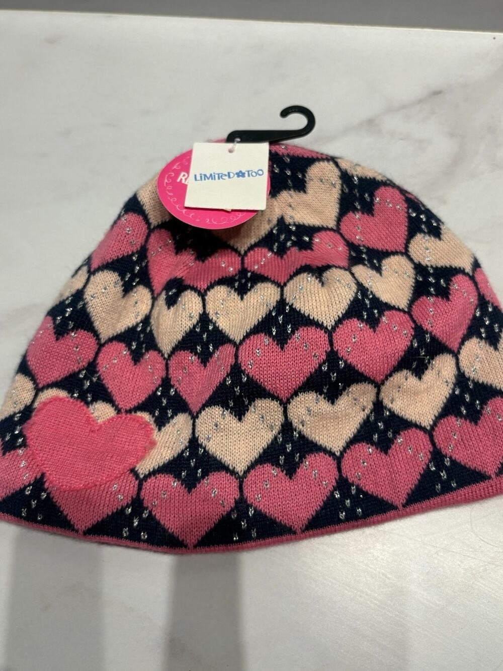 Limited Too Girls Reversible Knit Beanie Hat Hearts Pink Blue NWT Y2K